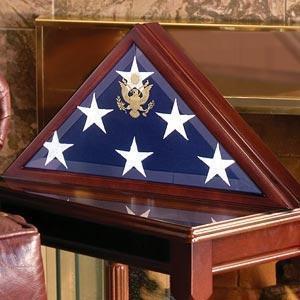 American Burial Flag Case made of solid cherry wood, featuring beveled glass and the Great Seal of the U.S., designed for a 5' x 9.5' burial flag.